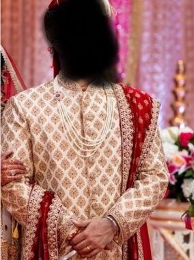Ivory and Gold Embroidered Sherwani with Red Shawl - Men's Wedding Sherwani